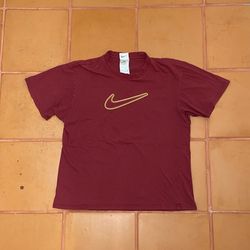 Nike 90’s burgundy gold swoosh t shirt size XL