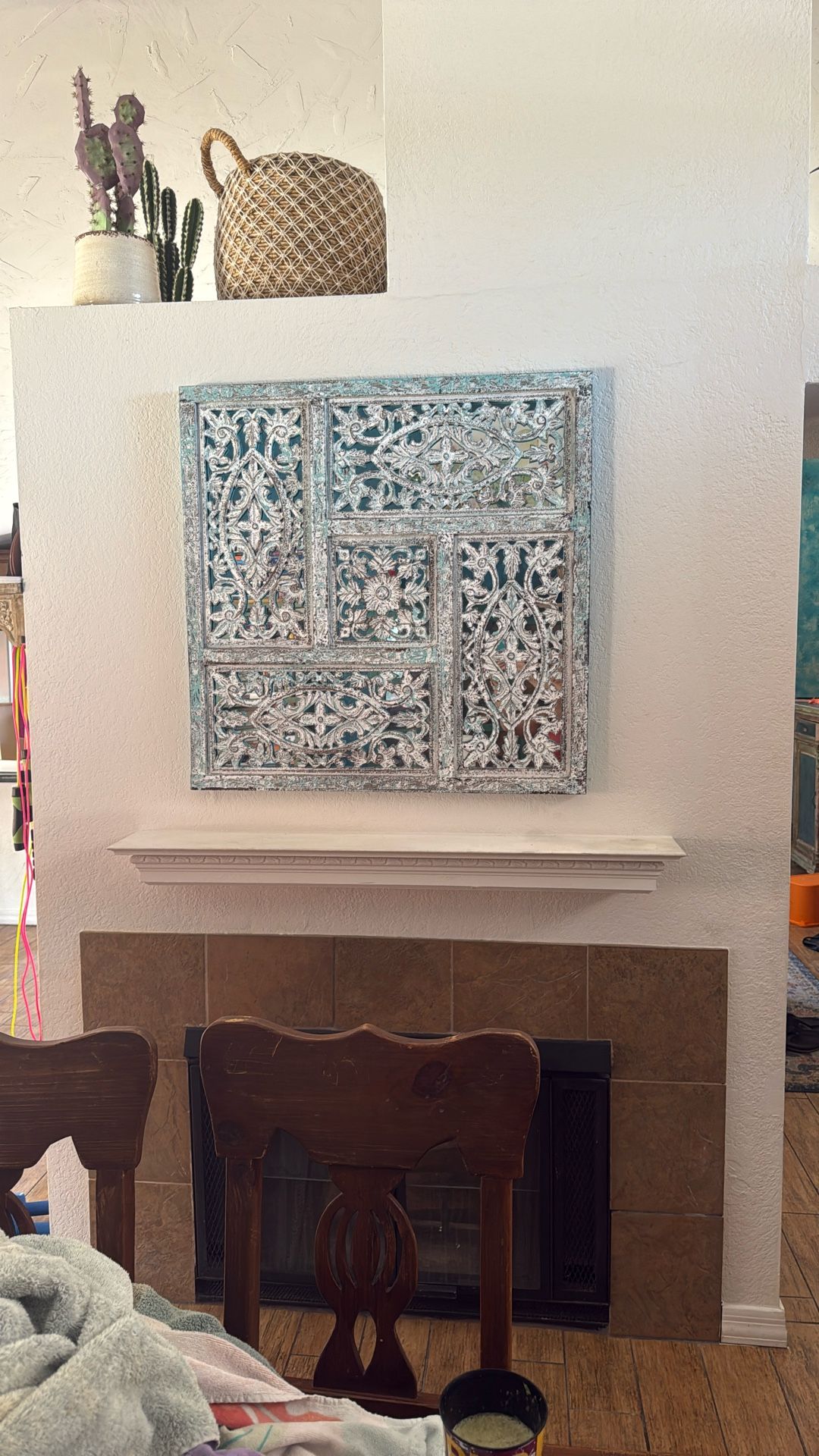 Turquoise Carved Mirror Background Wall Decor