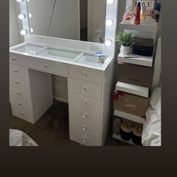 Vanity Desk Set with Large LED Lighted Mirror & Power Outlet, Glass Top Makeup Vanity with 13 Drawers