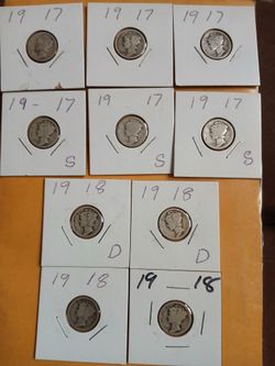 1917 , 1918 US 90%  Silver Dimes 10 coins