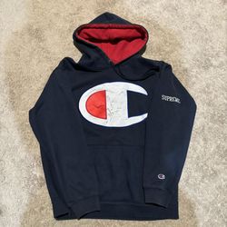 Supreme x champion Satin logo hoodie size L navy blue