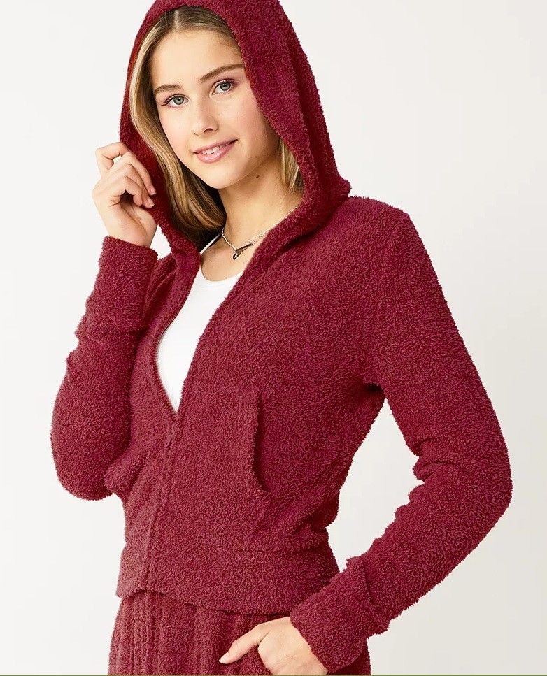 Red Cropped Fleece Zip Hoodie Size M