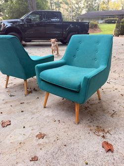 Pair of Mid-Century Modern Teal Accent Armchairs w/ Wooden Legs