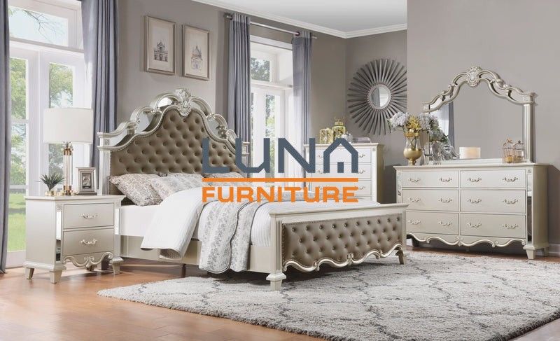 Ever Champagne King Mirrored Upholstered Panel Bed