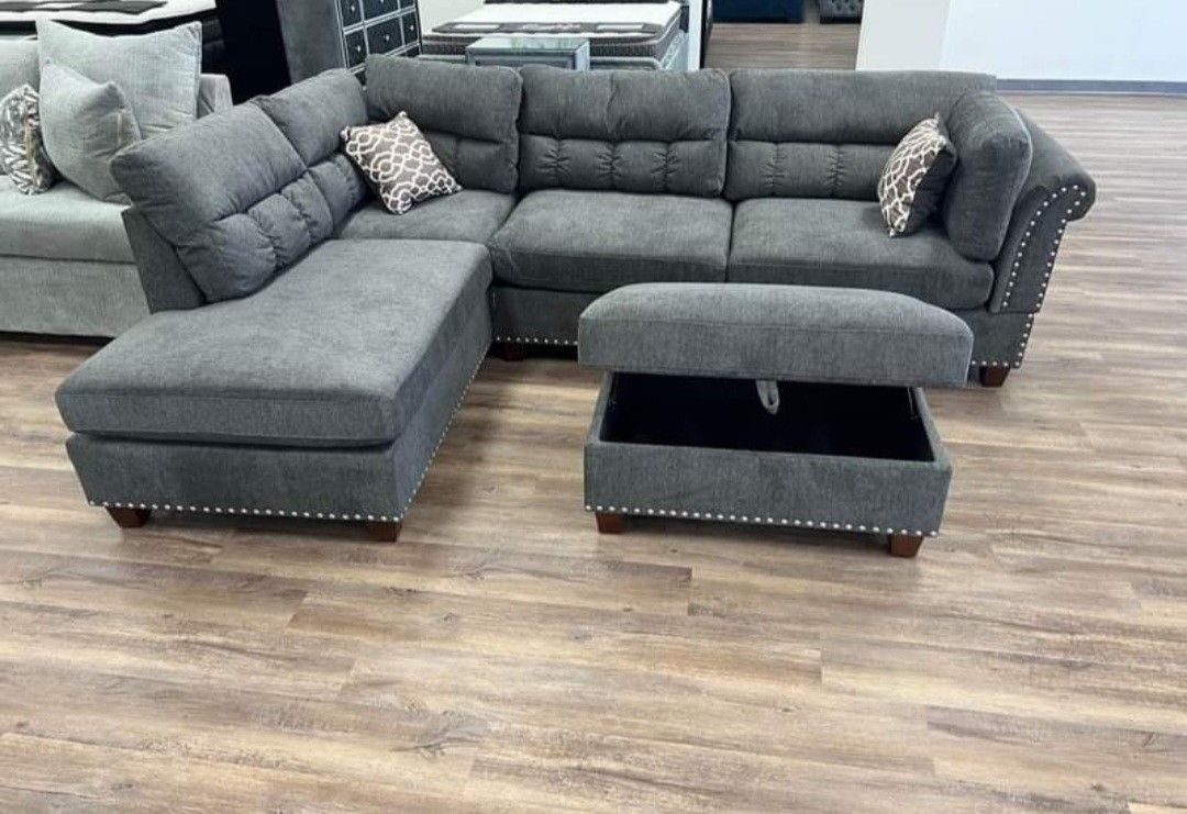 Brand New Grey Velvet Like Sectional Sofa +Storage Ottoman (New In Box {