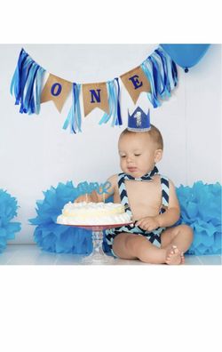 Baby 1st Birthday Boy Decorations With Crown -First High Chair Banner Cake One
