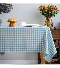 Blue Gingham Tablecloth,Cotton Heavy Weight Ruffled Edge Table Cloth Washable Wrinkle Free Rustic Buffalo Plaid Table Cover for Dining, Kitchen, Party