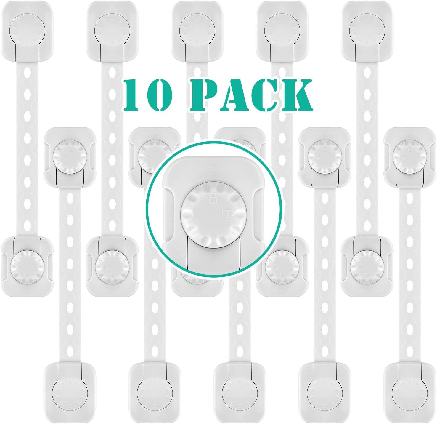 Cabinet Locks Child Safety Refrigerator Lock Drawer Locks Baby Proof Fridge Lock Kids Safety Latches Strap Locks (10 pack) for Dresser, Toilet Seat, O