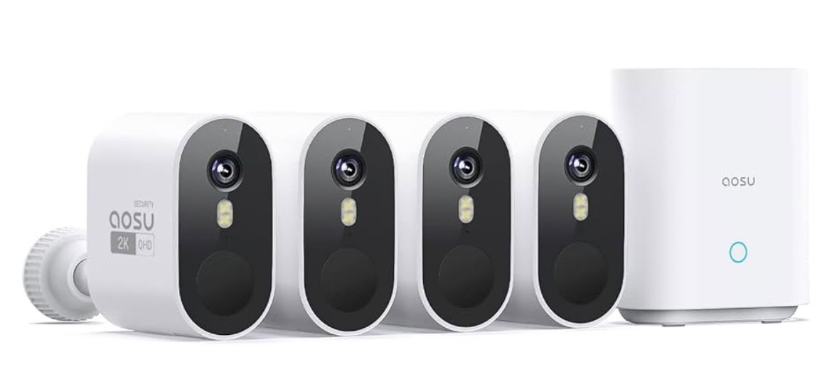 AOSU Security Cameras Outdoor Wireless, 4-Cam-Kit, 166° Ultra-Wide-Angle, Battery Powered, No Subscription, Home Security Cameras System with 2K Color