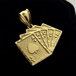10K Yellow Gold Royal Flush Playing Cards Pendant Spades Diamond Cut Charm
