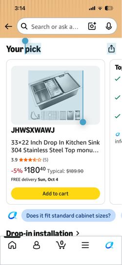JHWSXWAWJ 33x22 Stainless Steel Drop-In Kitchen Sink