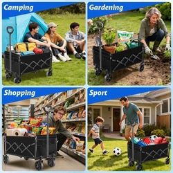 Kovryx Collapsible Wagon Cart Foldable, 360lbs Heavy Duty Folding Wagon with All-Terrain Wheels, Portable Beach Camping Shopping Garden Cart, Black Ca
