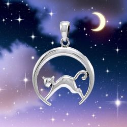 Crescent Moon Cat Sterling Silver Pendant 