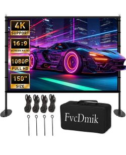 150 inch Projector Screen with Stand, 16:9 4K HD Portable Outdoor Movie Screen, Wrinkle-Free Foldable Indoor Projection Screen with Carry Bag & Ground