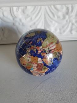 World Globe Mineral Stone Inlay Longitude Lattitude Blue Ocean Desktop Decor 