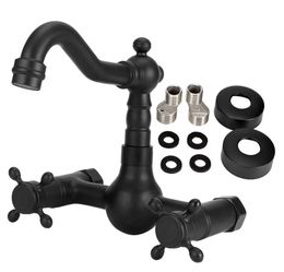 (Brand New in Box)  Restokki Bathroom Faucet Wall Mounted Faucet, Copper Wall Mounted Black Bathroom Faucet Tap Mixer Dual Handles Hot Cold Water Bath