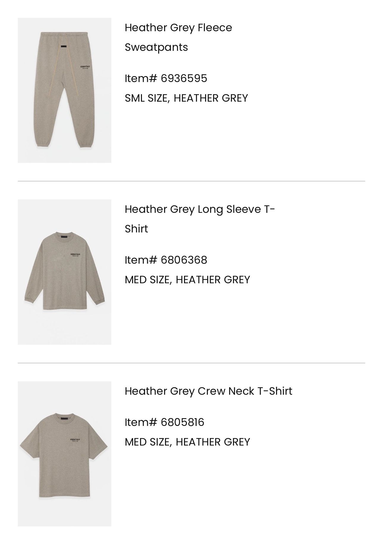 Fear Of God Essentials Apparel Heather Grey Bundle