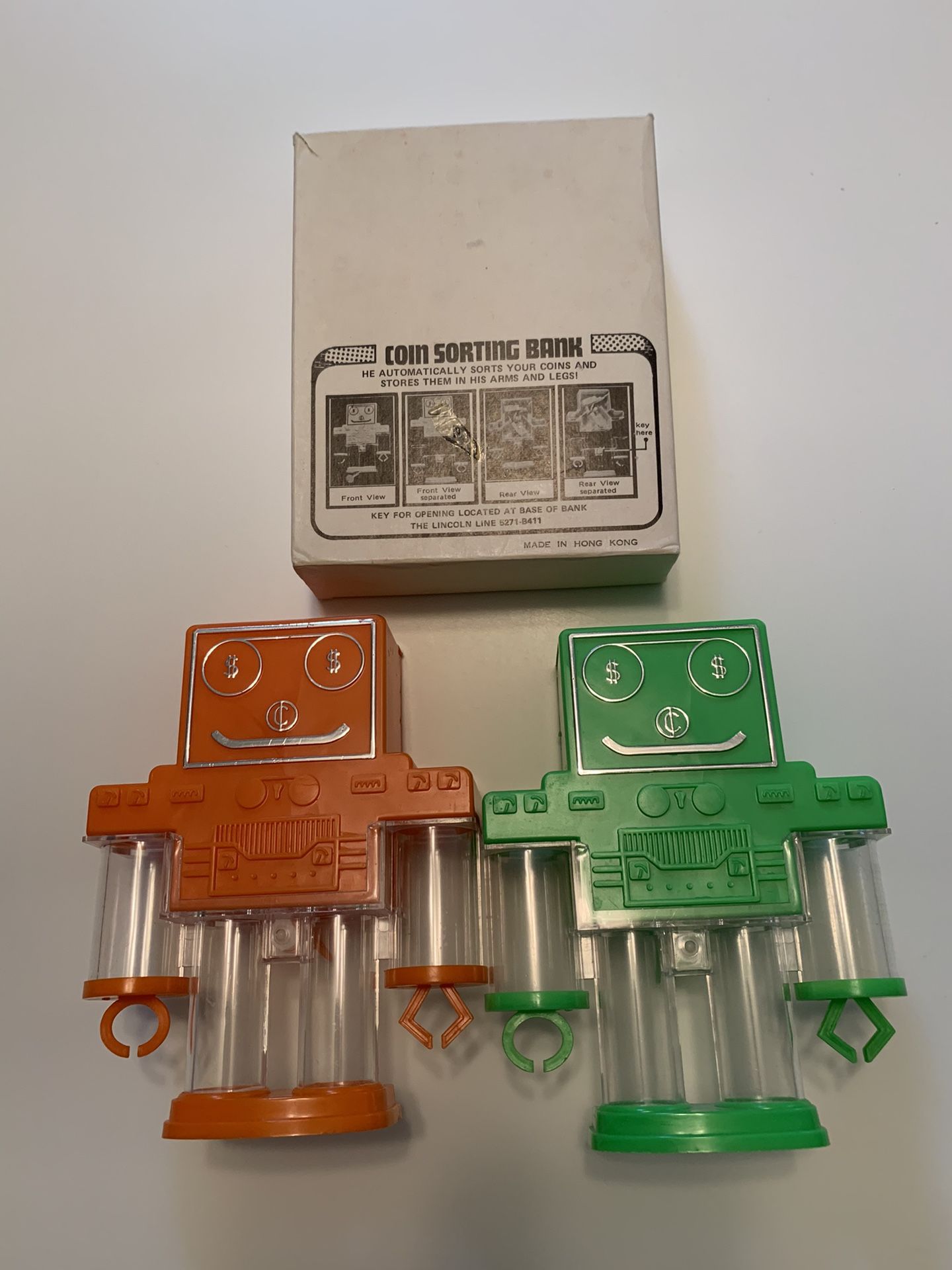 Vintage ROBOT BANKS-Plastic Coin Sorting Banks (2) plus One Original Box (6” High)