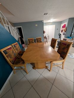 Wood Dining Table with 6 Upholstered Chairs