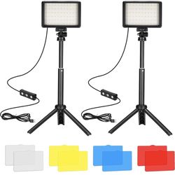 LED Video Light 2-Pack, 5600K Dimmable USB Photo Lights with Mini Tripod and Colored Filters