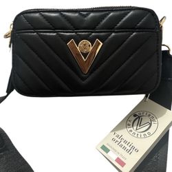 Valentino Orlandi Black And Gold Quilted Crossbody 