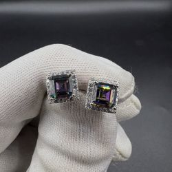 2.72ct 6mm Mystic Topaz with Moissanite Halo .925 silver