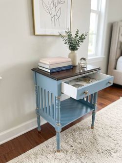 Small Nightstand — Dusty Blue & Gold, Solid Wood, Espresso Top — Refinished