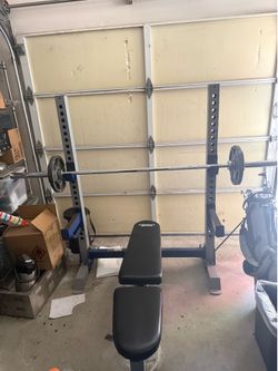 Fitness Gear Weight Bench/ Squat Rack, Performance Series Olympic Barbell, and Plate Set