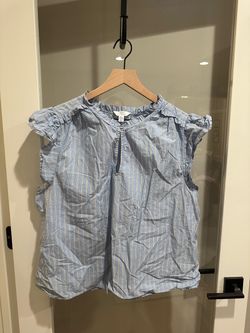 XL Women’s Time and Tru Light Blue and White Striped Ruffle Cap-Sleeve Blouse