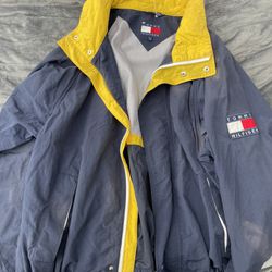 Tommy Hilfiger Vintage Yellow Windbreaker With Hoodie Sailing Jacket Size L