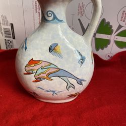 7.5 Inch Handmade In Greece Ceramic White Greek Pottery Dolphin Design Vase Imported From Greece