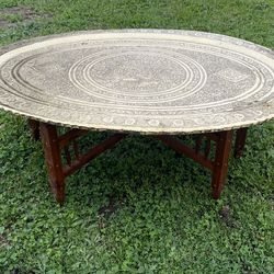 Vintage Brass Tray Coffee Table with Folding Wood Stand