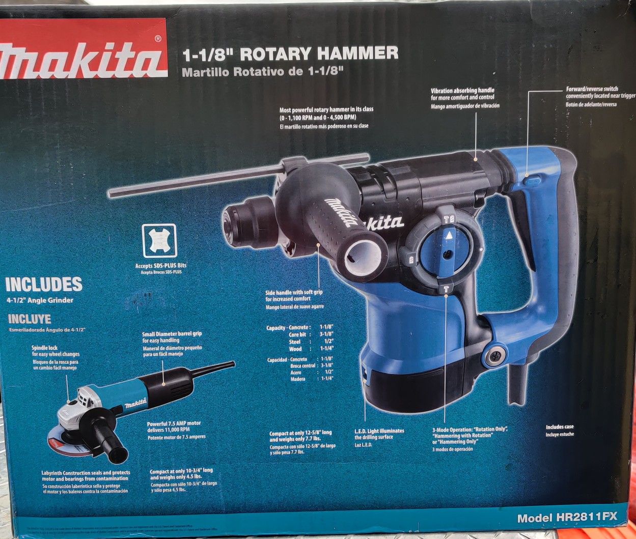 Makita 7 Amp 1-1/8 in. Corded SDS-Plus Concrete/Masonry Rotary Hammer Drill with 7.5 Amp 4-1/2 in. Angle Grinder and Hard Case