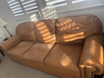 Beautiful Tan Leather Sofa (Queen Sleeper) + Loveseat + Chair + Ottoman