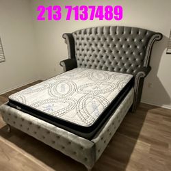 Queen Size Upholstered Bed Frame / Mattress Included.  🔥  Cama Tapizada En Color Gris Queen Size / Colchon Incluido 