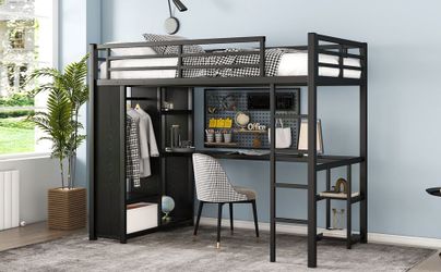 Twin XL Size Loft Bed Frame with Built-in Wardrobe, Metal Loft Bed with Desk and Storage Shelves, Black