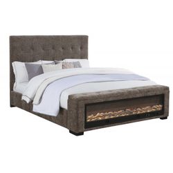 Gray Queen Bed with Fireplace, Tufted Headboard Modern Bed Frame