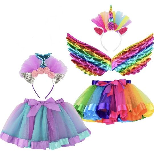 5pcs Girls Layered Rainbow Tutu with Unicorn Wing,Unicorn Mermaid Headband, Dress Up Outfit Gift for Girls

Size L