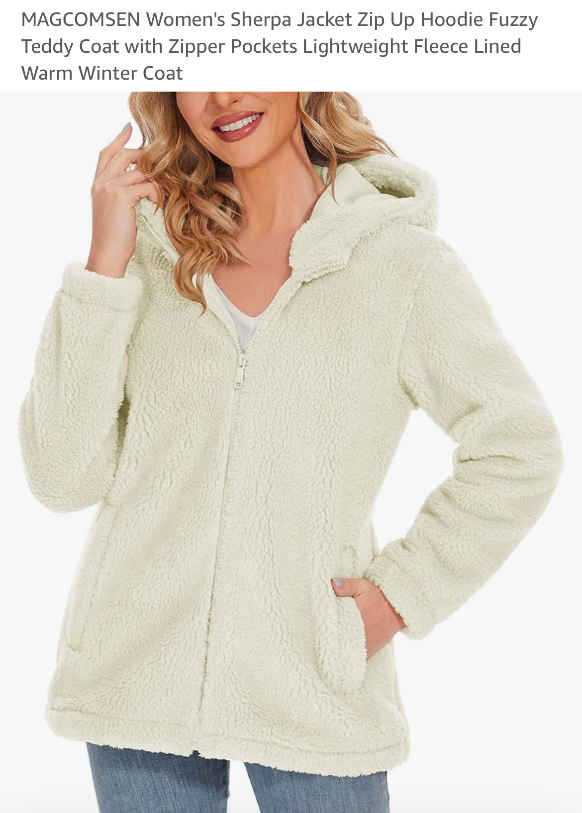 MAGCOMSEN Women's Sherpa Jacket Zip Up Hoodie Fuzzy Teddy Coat with Zipper Pockets Lightweight Fleece Lined Warm Winter Coat 2xl