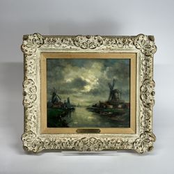 Signed A. Heinsbergen "Dutch Landscape" Oil on Board, Windmills on Canal, Carved White Frame