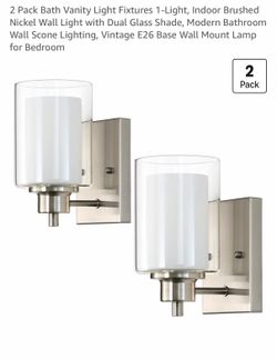NEW Set of 2 Modern Brushed Nickel Wall Sconces - Dual Glass Shades