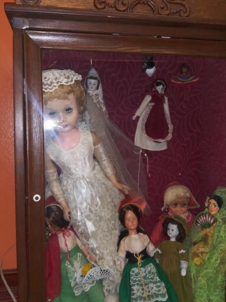 Antique Dolls Light Up Shadow Box. 33" H X 22 " W