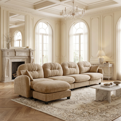 Homy Casa Roselyn 140" Modular Chenille Cloud 4-Seater Sofa with Tufted Cushion Backrest and  Pillows with Ottoman