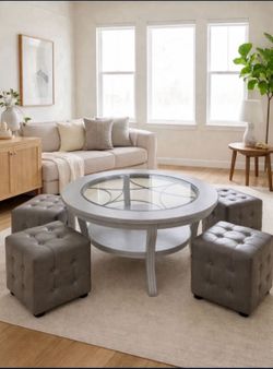 Glass Coffee Table with 4 Ottomans