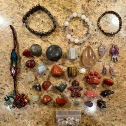 Assorted Crystal Stones including 3 Bracelets, Carvings, Tumbles, Chips, Teardrop, Pyrite Mushroom