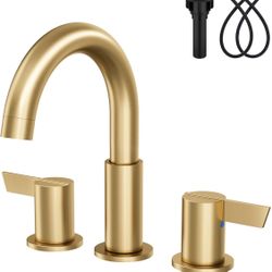 Bathroom Sink Faucet 3 Hole 8 Inch Widespread 2-Handle Vanity Faucet SUS304 Stainless Steel with Pop-Up Drain and Supply Lines Brushed Gold