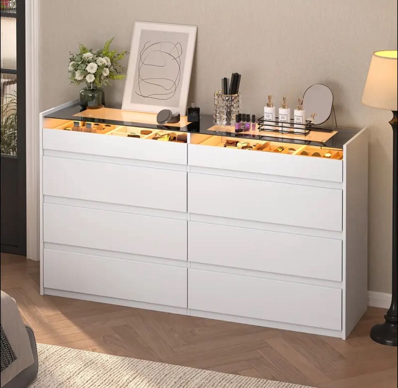 8 Drawer White Dresser with Glass Top & LEDs