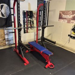 Used Commercial Powerlift Squat Rack With Bench And Olympic Bar
