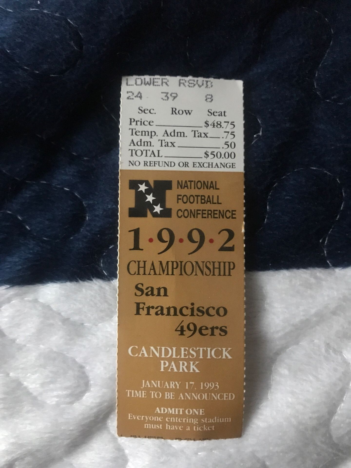 1992 NFC Championship Ticket Cowboys v 49ers 1/17/93 Dallas SB Champs 29792