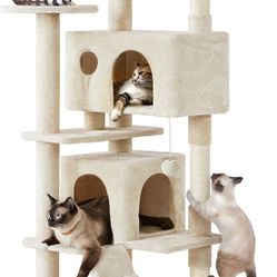 70in Multi-Level Cat Tree Large Cat Tower Cat Furniture with Condo, Scratching Posts & Dangling Ball for Indoor Cats, Beige 592469